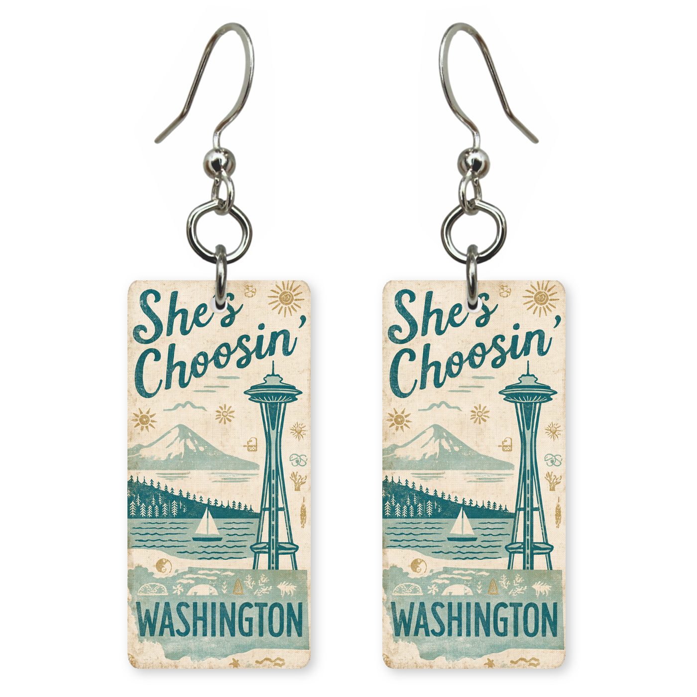 Space Needle — She's Choosing earrings, shown as a pair