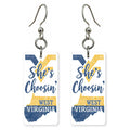 Gold Blue Letters — She's Choosing earrings, shown as a pair