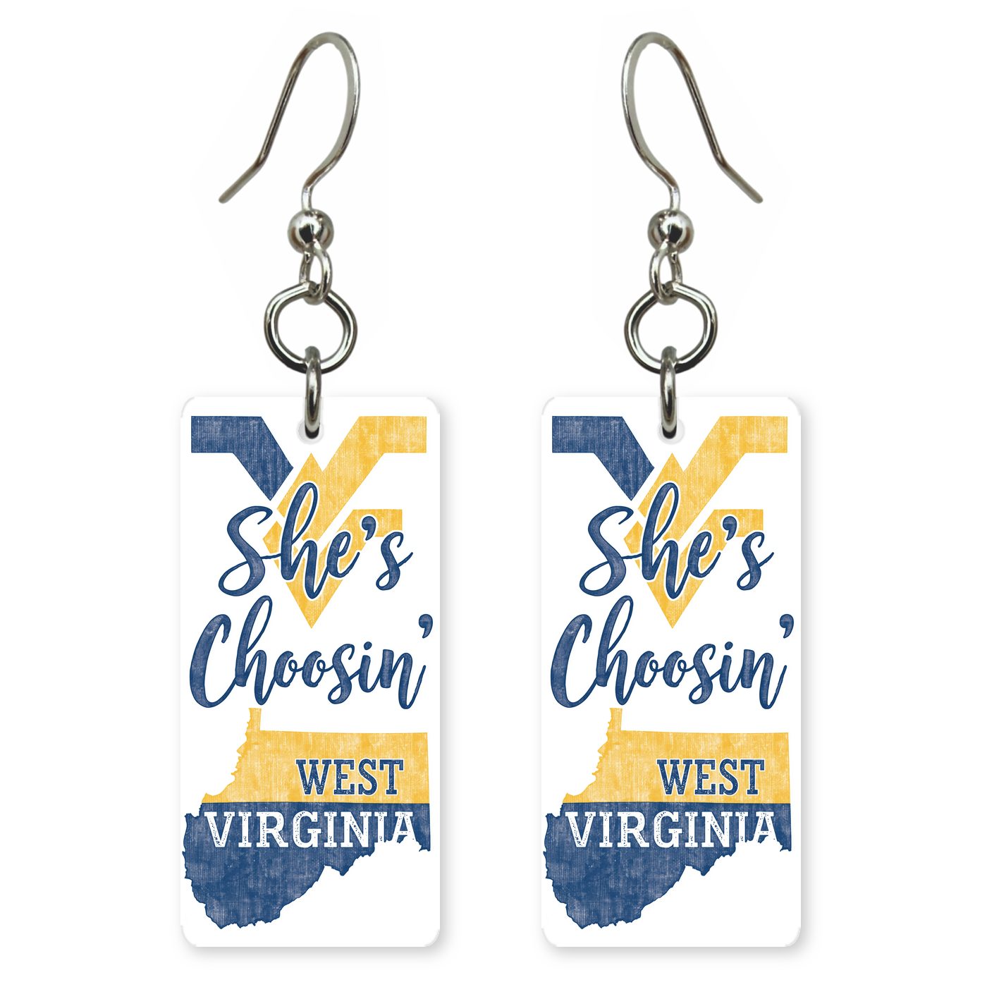 Gold Blue Letters — She's Choosing earrings, shown as a pair