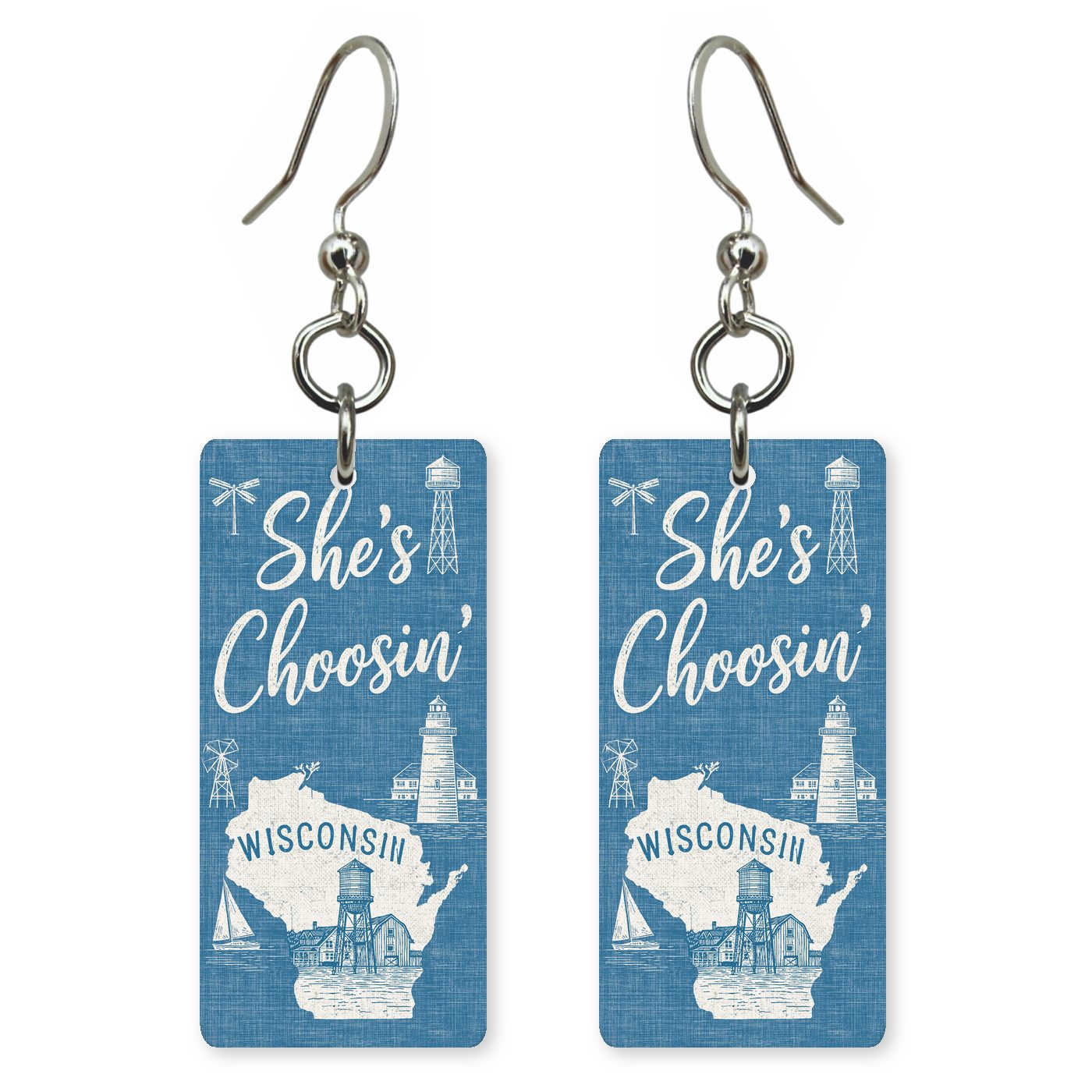 Blue Icons — She's Choosing earrings, shown as a pair