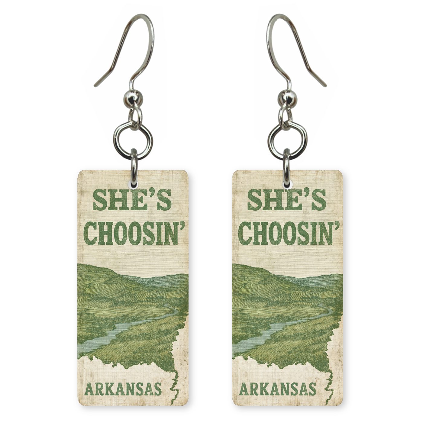 Green Hills Poster — She's Choosing earrings, shown as a pair