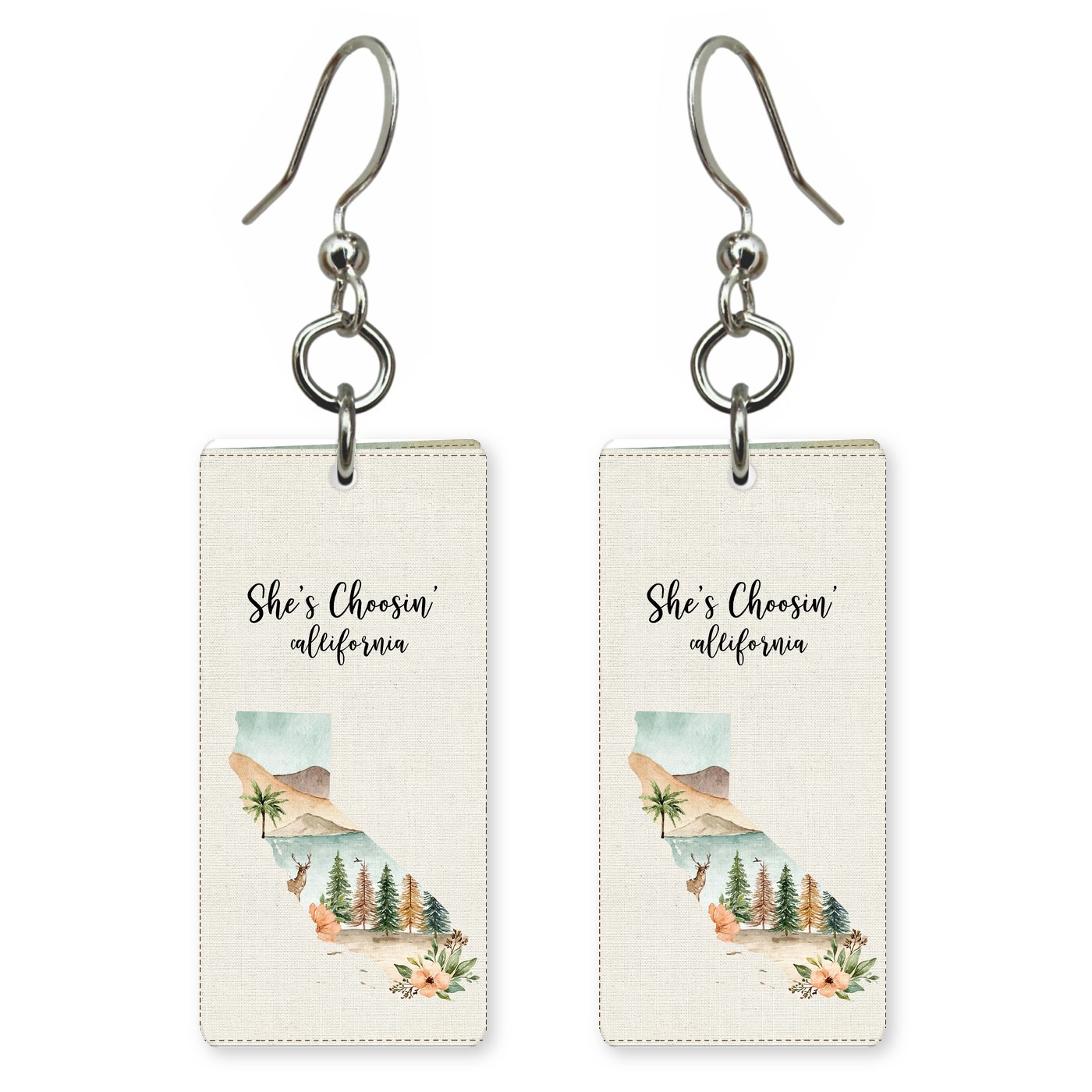 State Card Script — She's Choosing earrings, shown as a pair