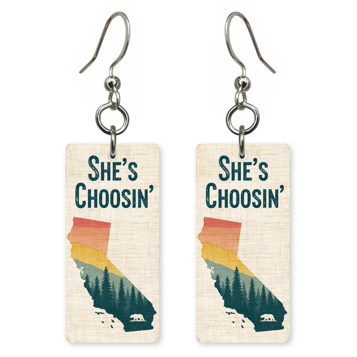 Sunset Bear Silhouette — She's Choosing earrings, shown as a pair