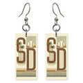 SD Retro Letters — She's Choosing earrings, shown as a pair