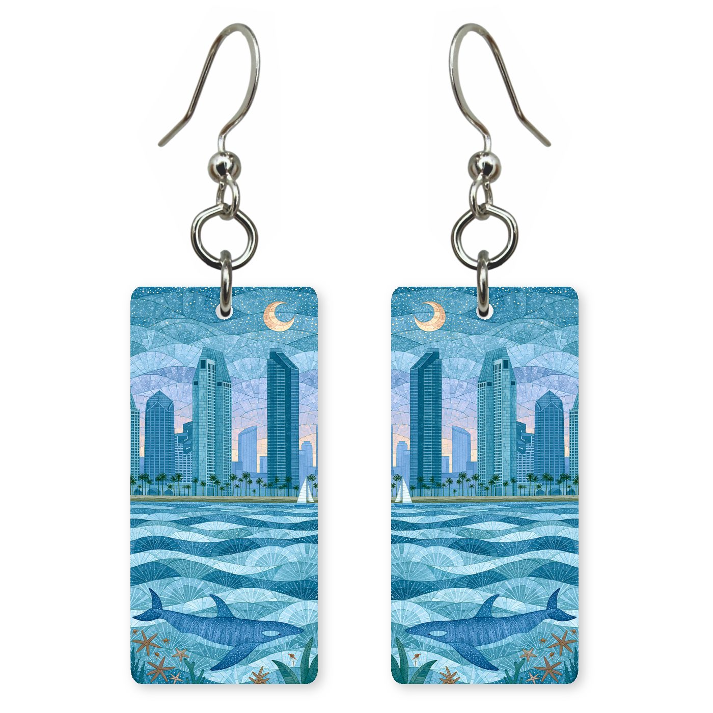 San Diego Skyline Waves — She's Choosing earrings, shown as a pair