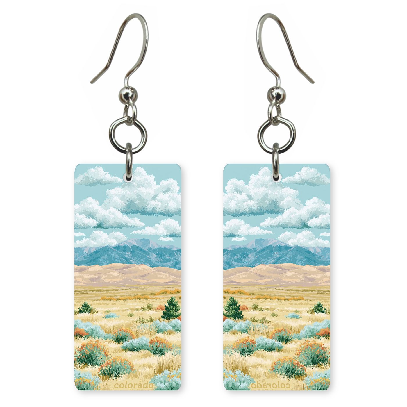 Great Sand Dunes Text — She's Choosing earrings, shown as a pair