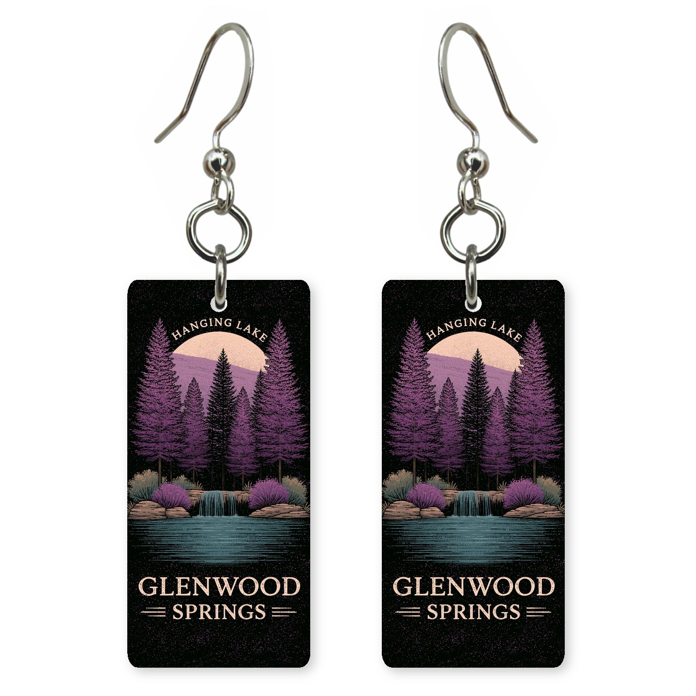 Hanging Lake Text Glenwood — She's Choosing earrings, shown as a pair