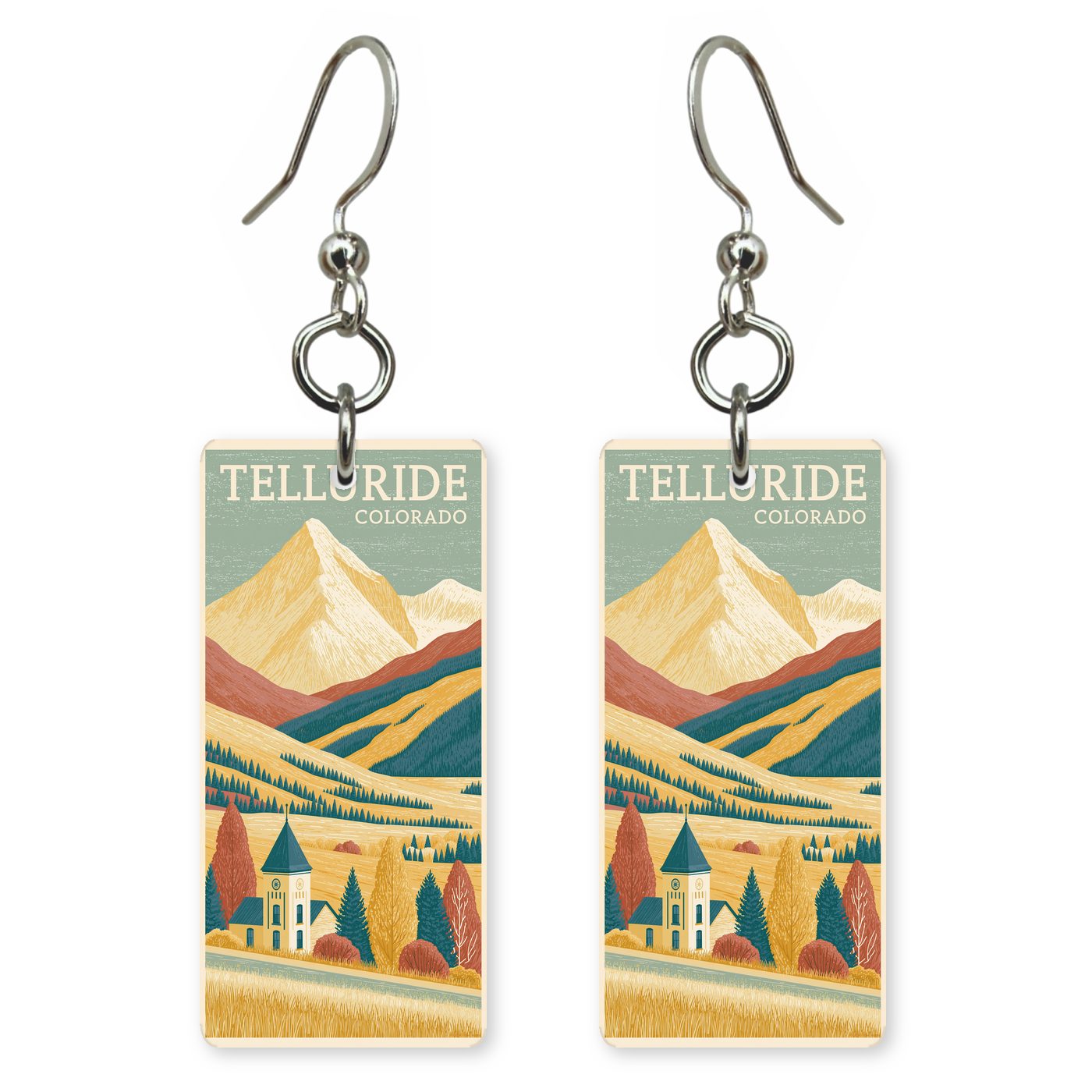 Telluride Text Colorado Art — She's Choosing earrings, shown as a pair