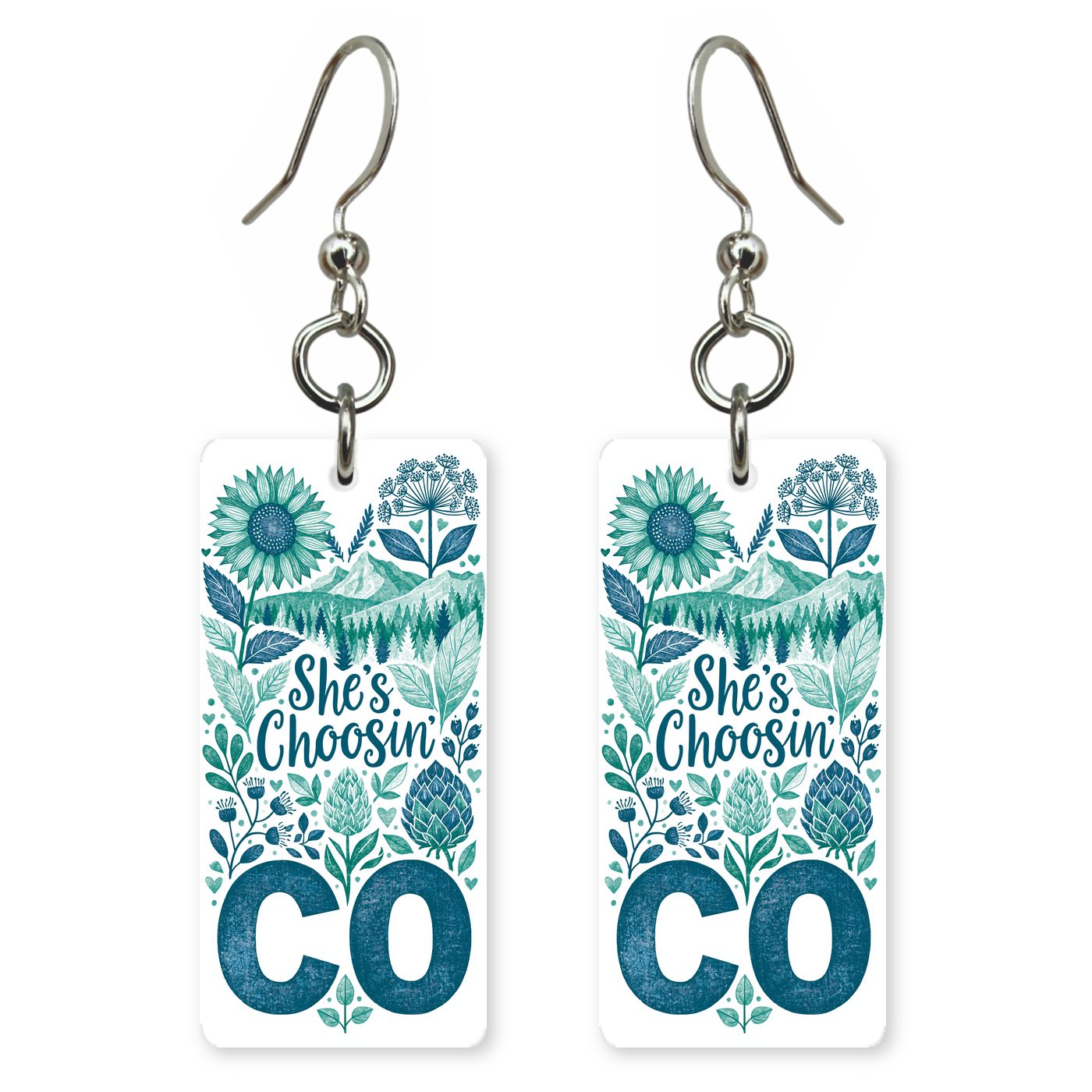 CO Watercolor Letters — She's Choosing earrings, shown as a pair