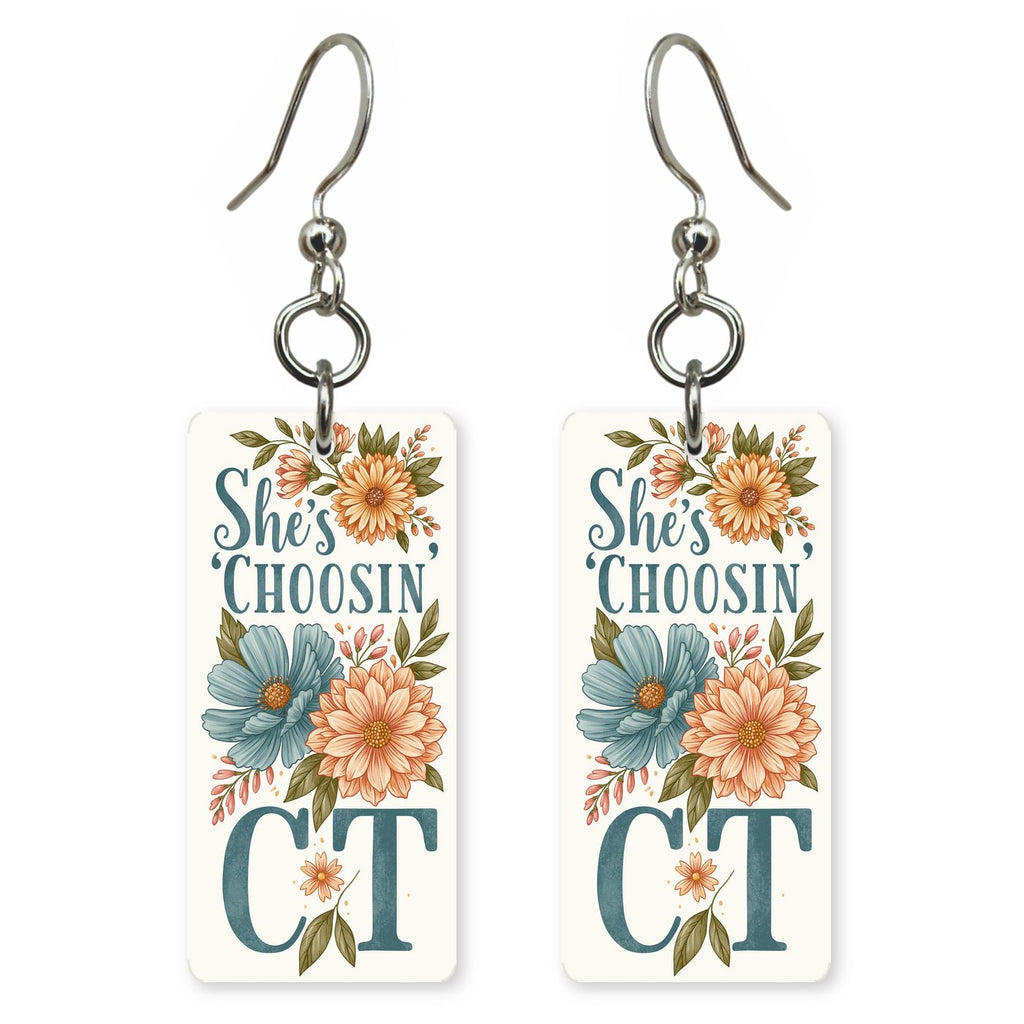 CT Floral Letters — She's Choosing earrings, shown as a pair