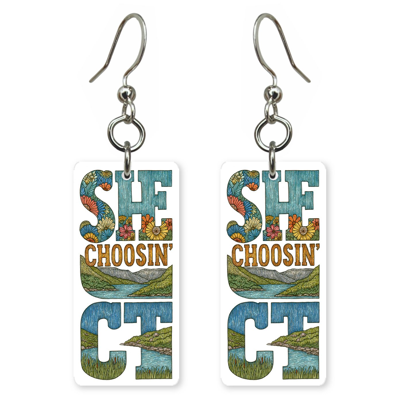 CT Photo Letters — She's Choosing earrings, shown as a pair