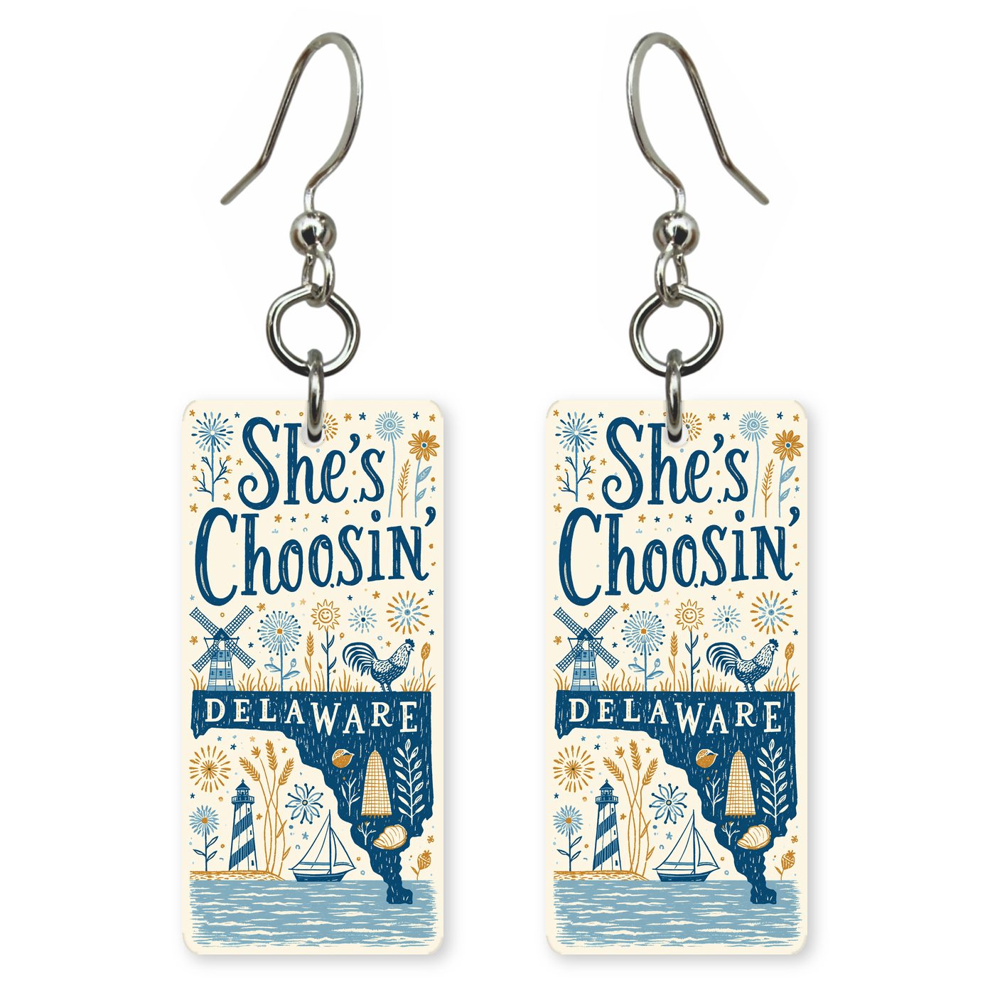 Delaware Icons Poster — She's Choosing earrings, shown as a pair