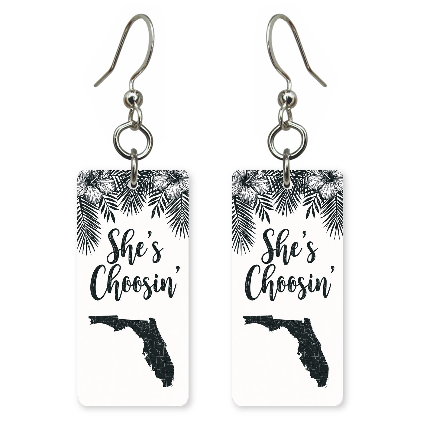 Black Palm Silhouette — She's Choosing earrings, shown as a pair