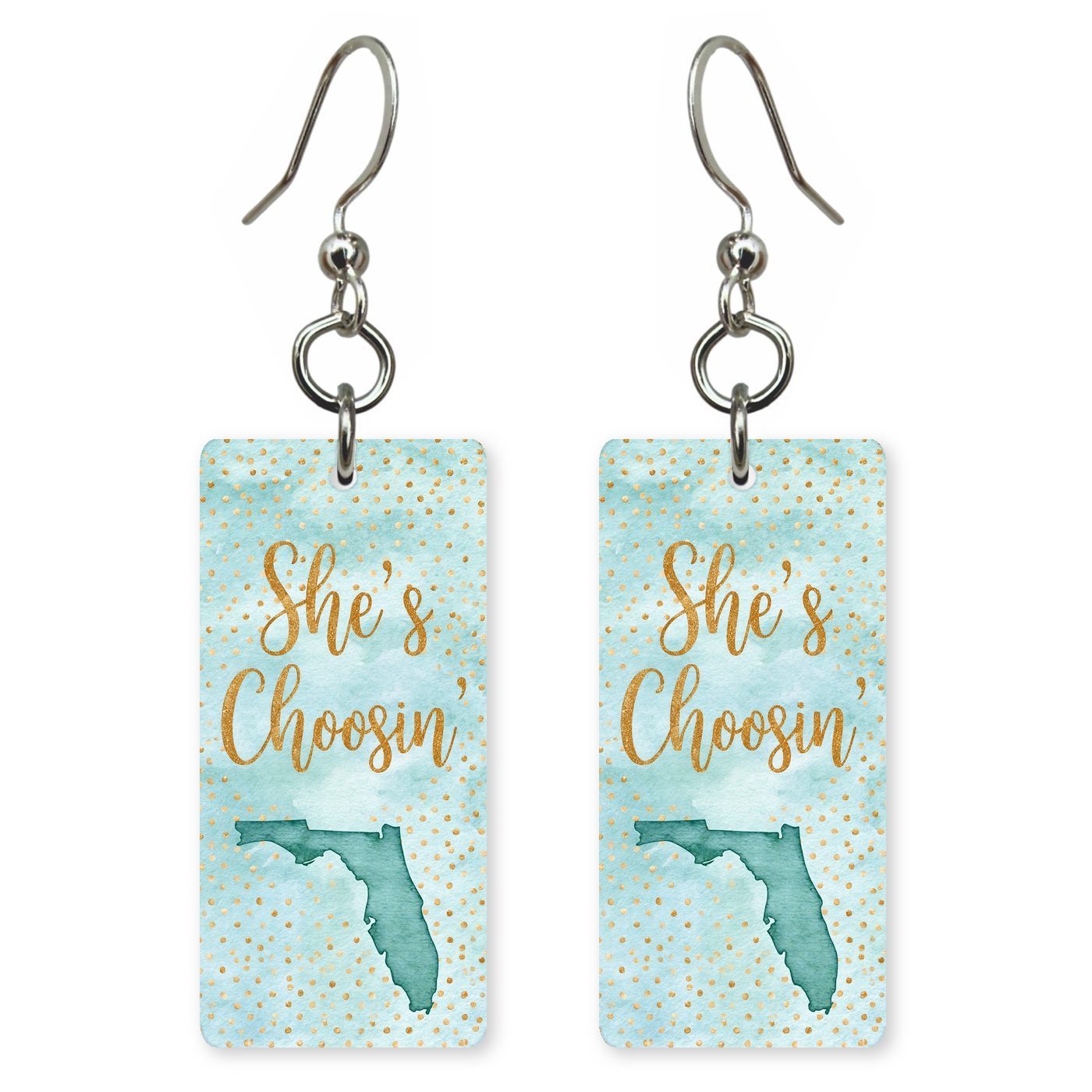 Teal Dot Silhouette — She's Choosing earrings, shown as a pair