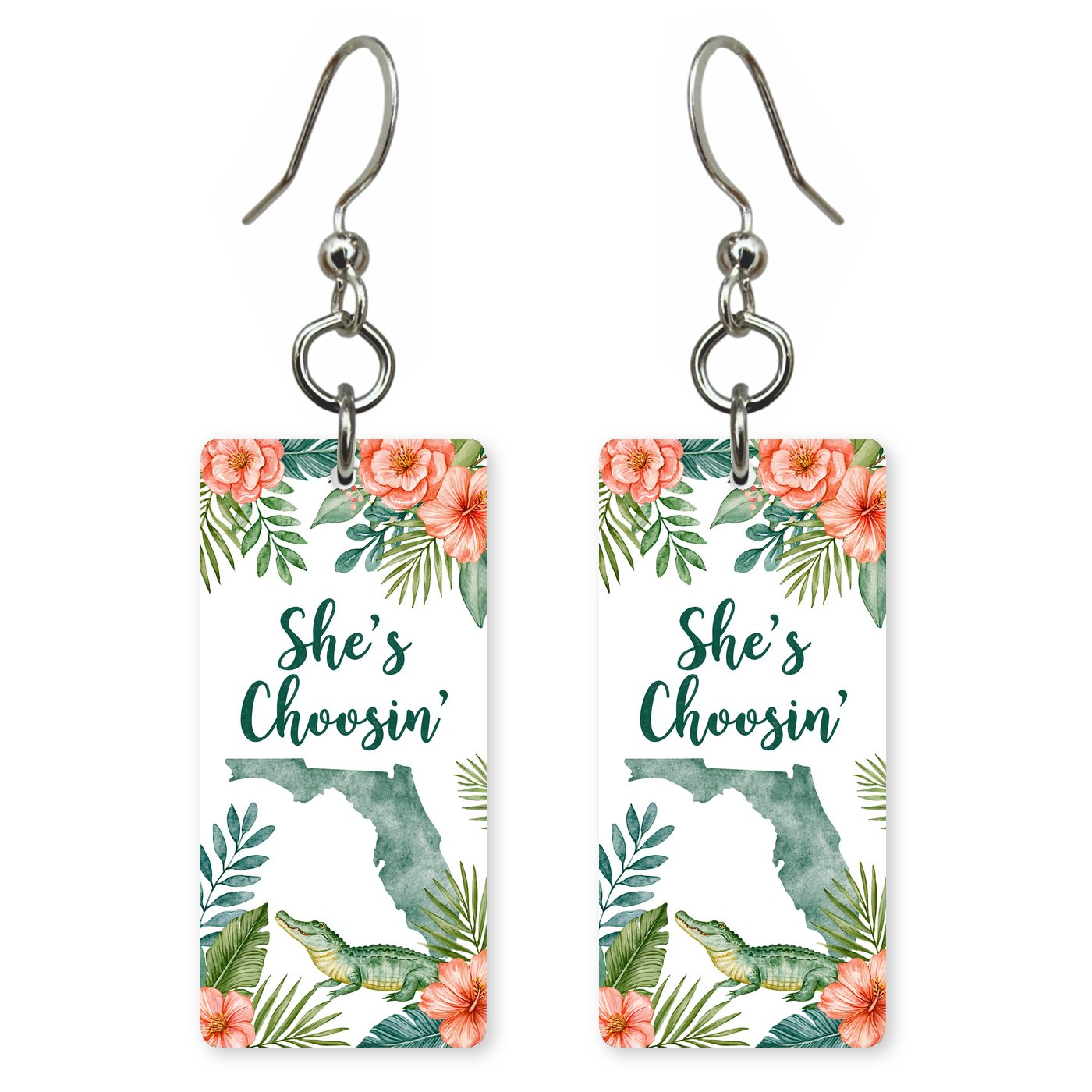 Tropical Frame Gator — She's Choosing earrings, shown as a pair