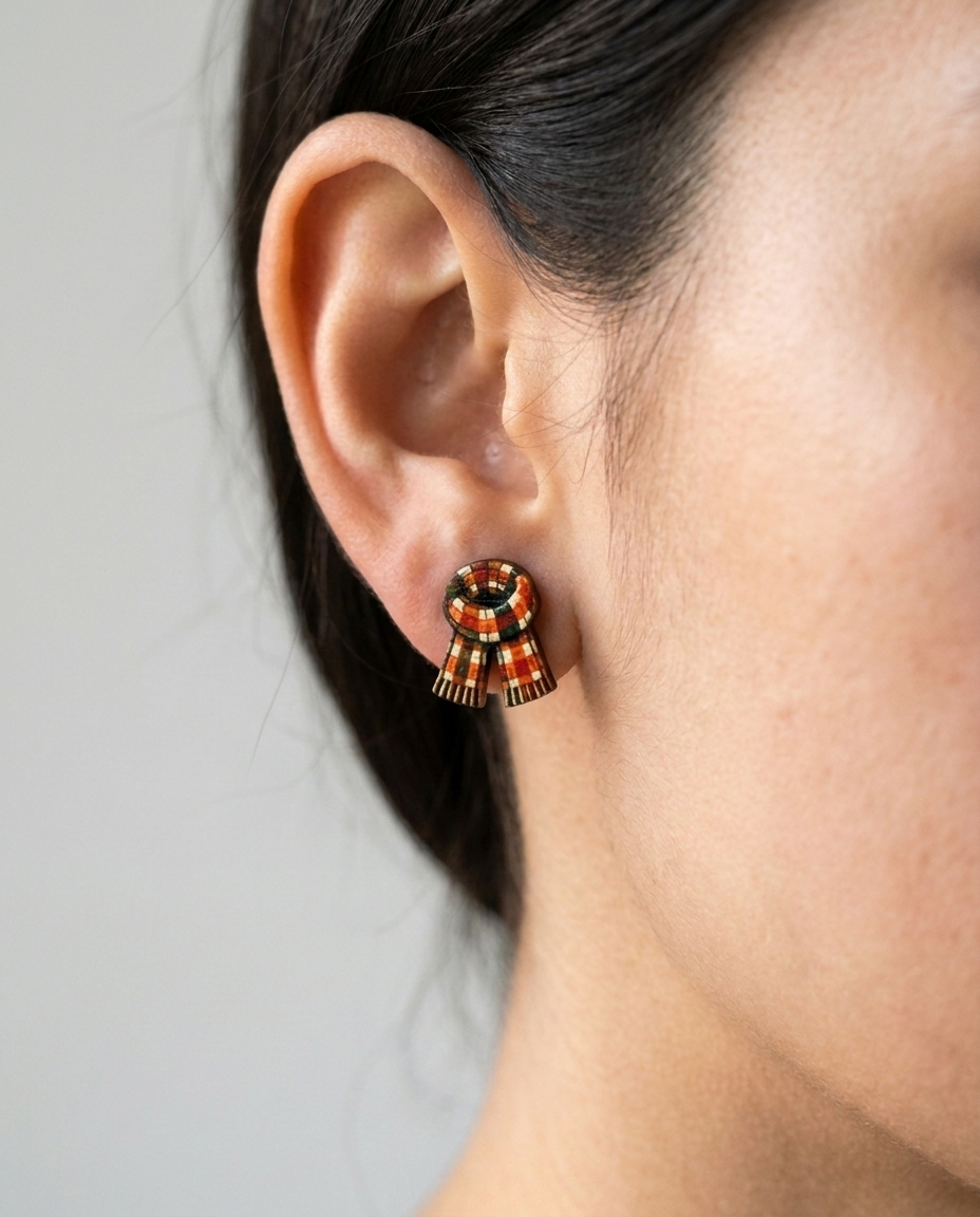 Plaid Scarf Stud Earrings #3148 shown on model