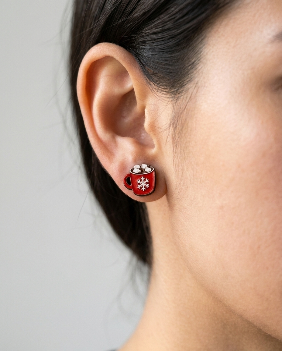 Snowflake Red Mug Stud Earrings #3180 shown on model