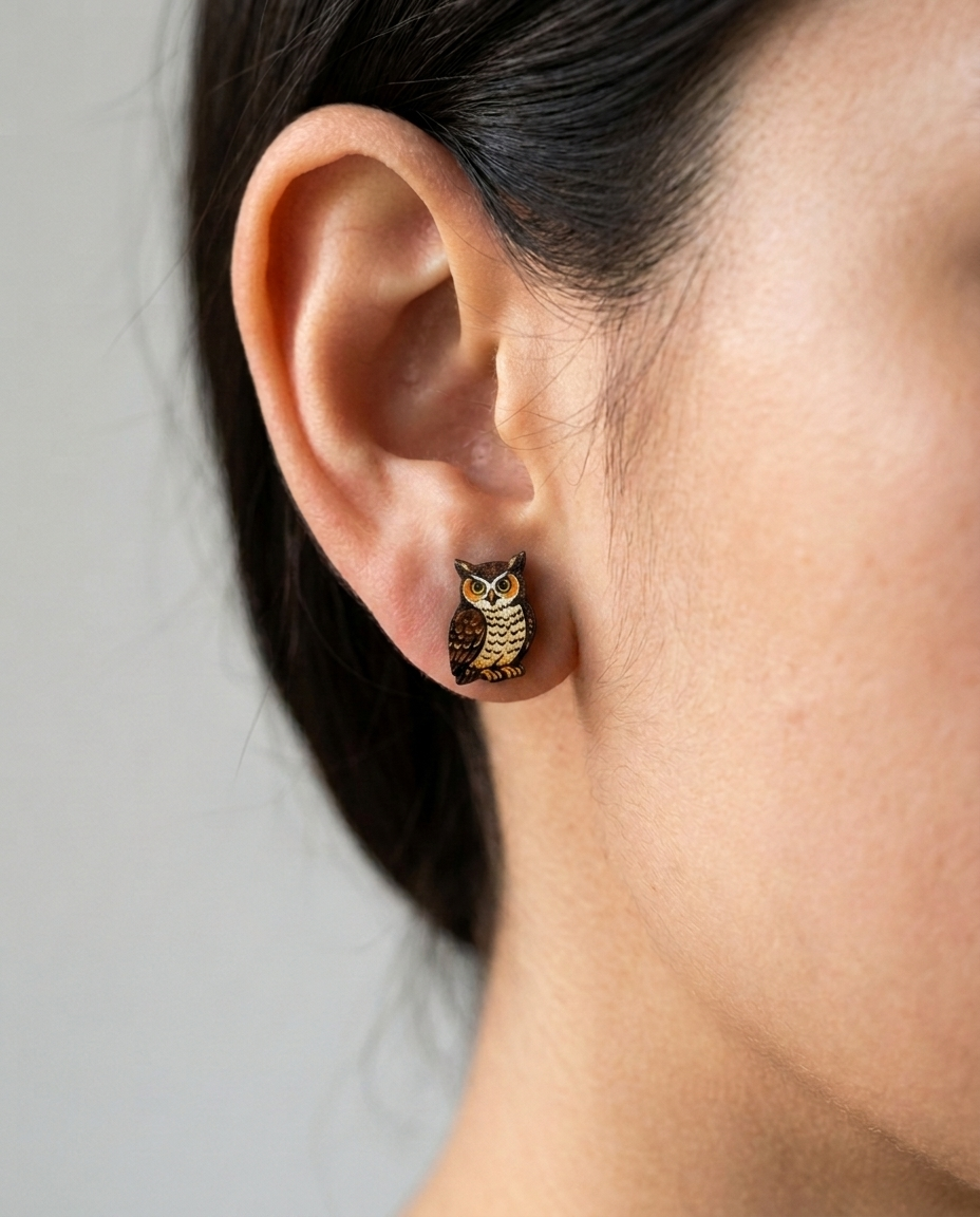 Horned Owl Stud Earrings #3474 shown on model