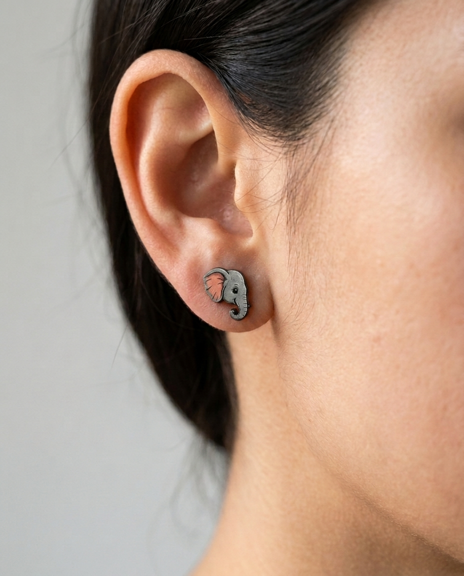 Baby Elephant Grin Stud Earrings #3421 shown on model