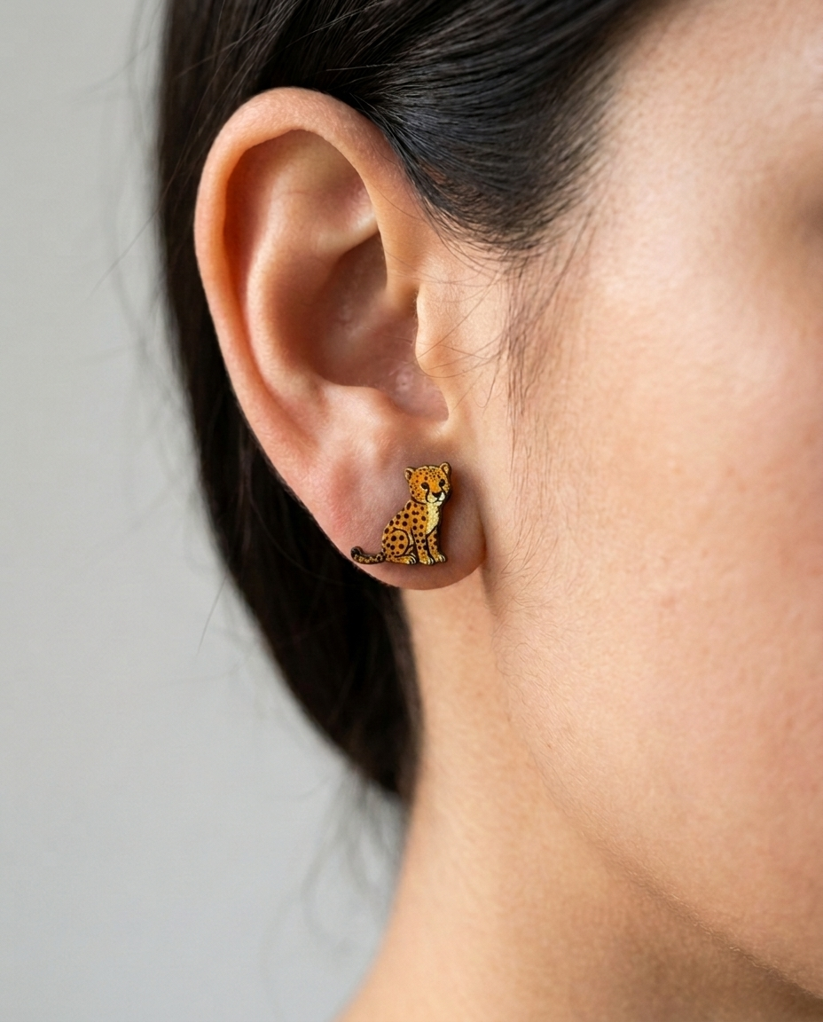 Cheetah Cub Stud Earrings #3435 shown on model