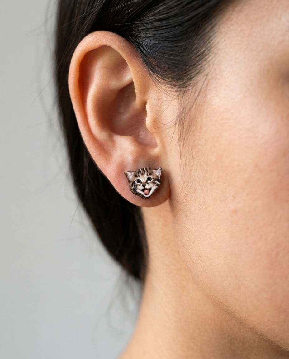Playful Kitten Stud Earrings #3070 shown on model