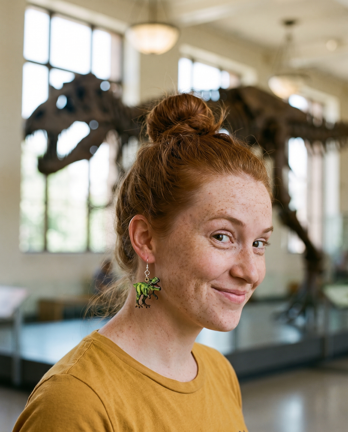 T-Rex Earrings #1543 shown on model