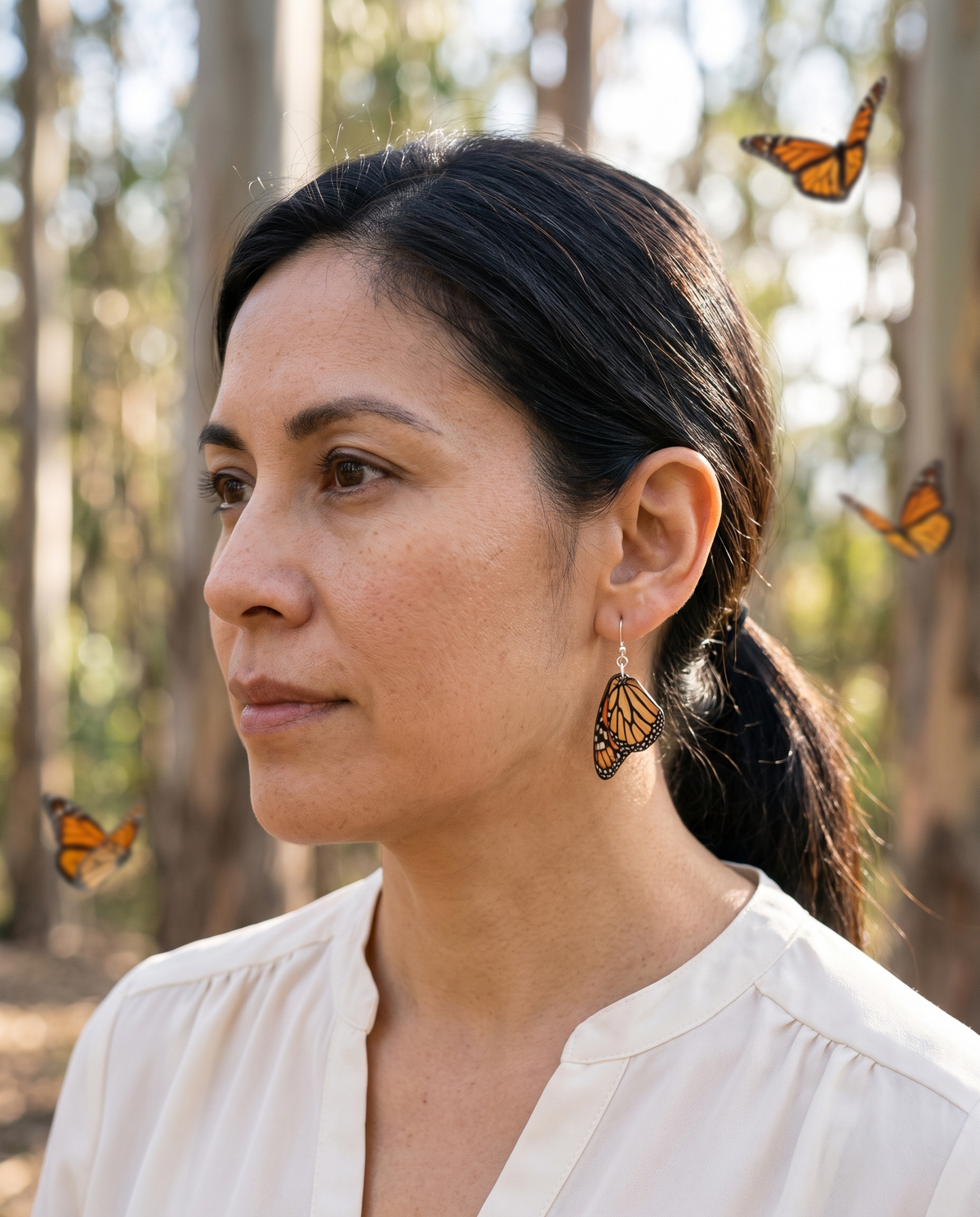 Monarch Butterfly Earrings #1561 shown on model