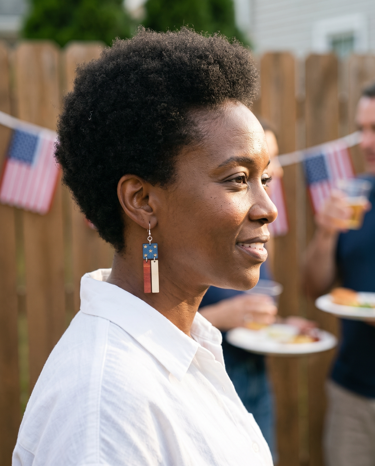 American Flag Earrings #1473 shown on model