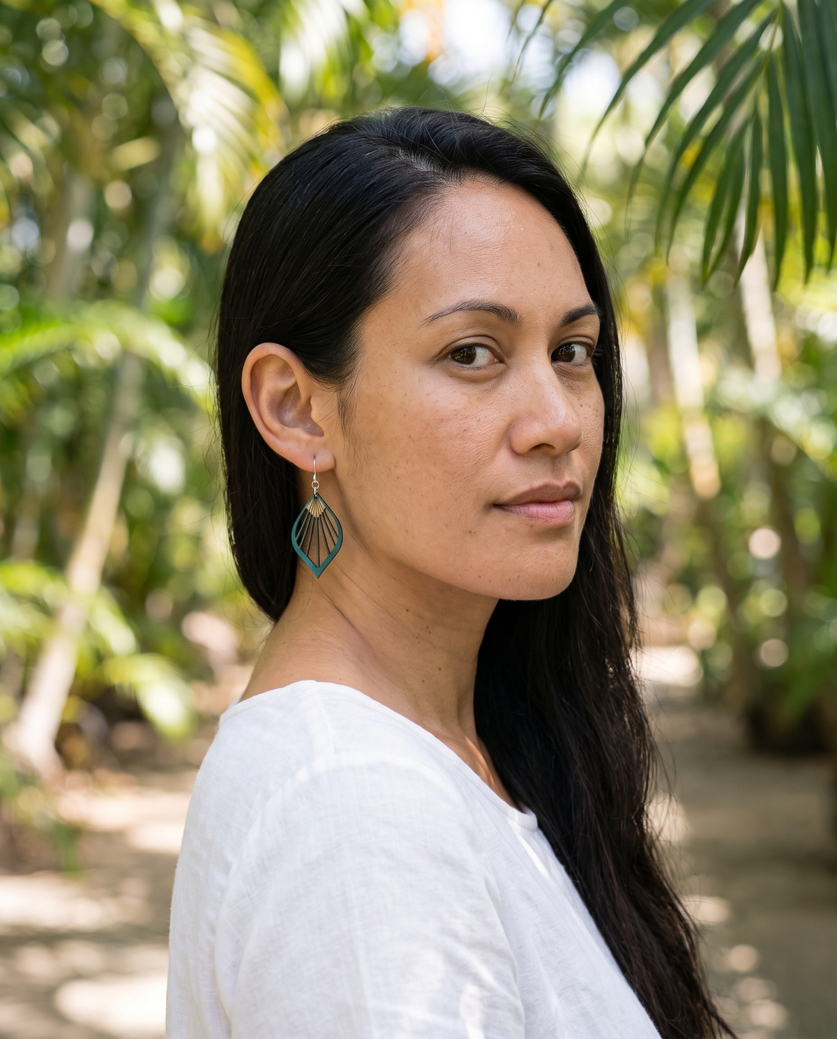 Fan Leaf Palm Earrings #1028 shown on model