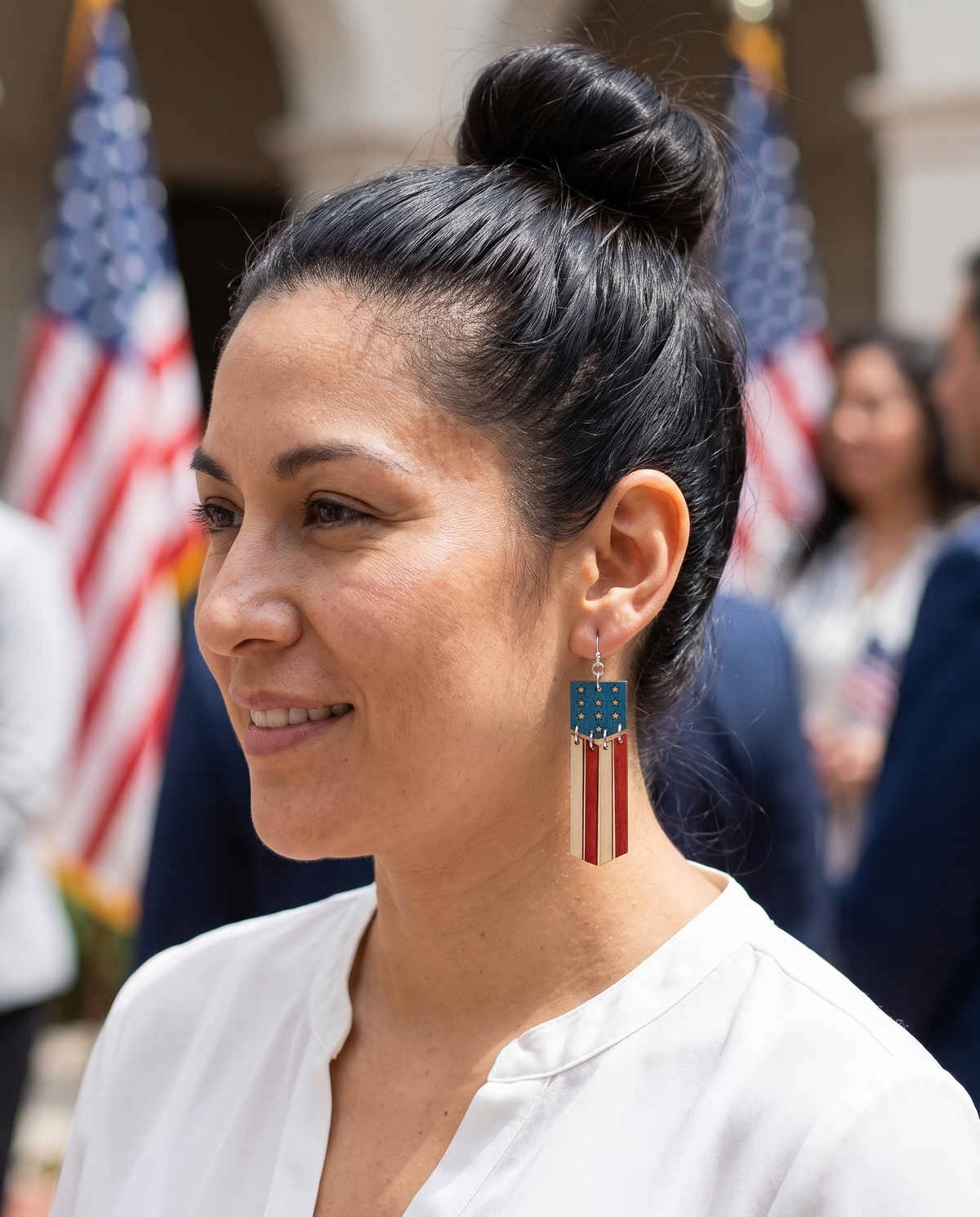 American Flag Dangle Earrings #1776 shown on model