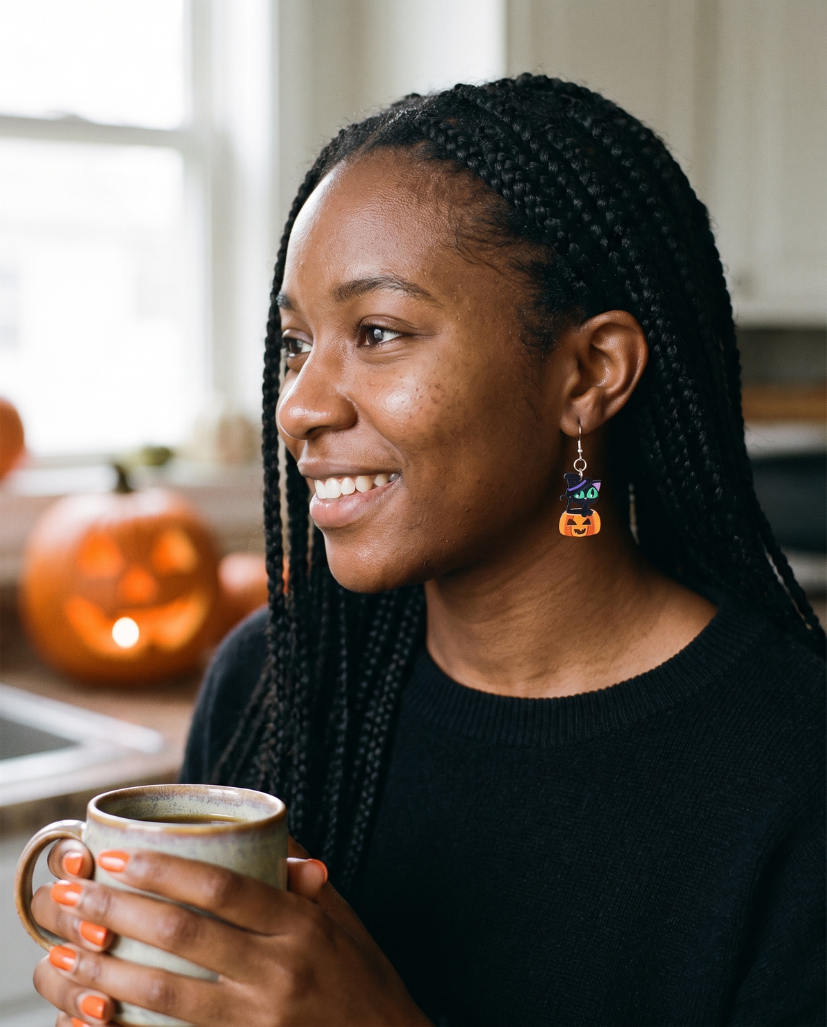 Cute Halloween Cat Earrings #1676 shown on model