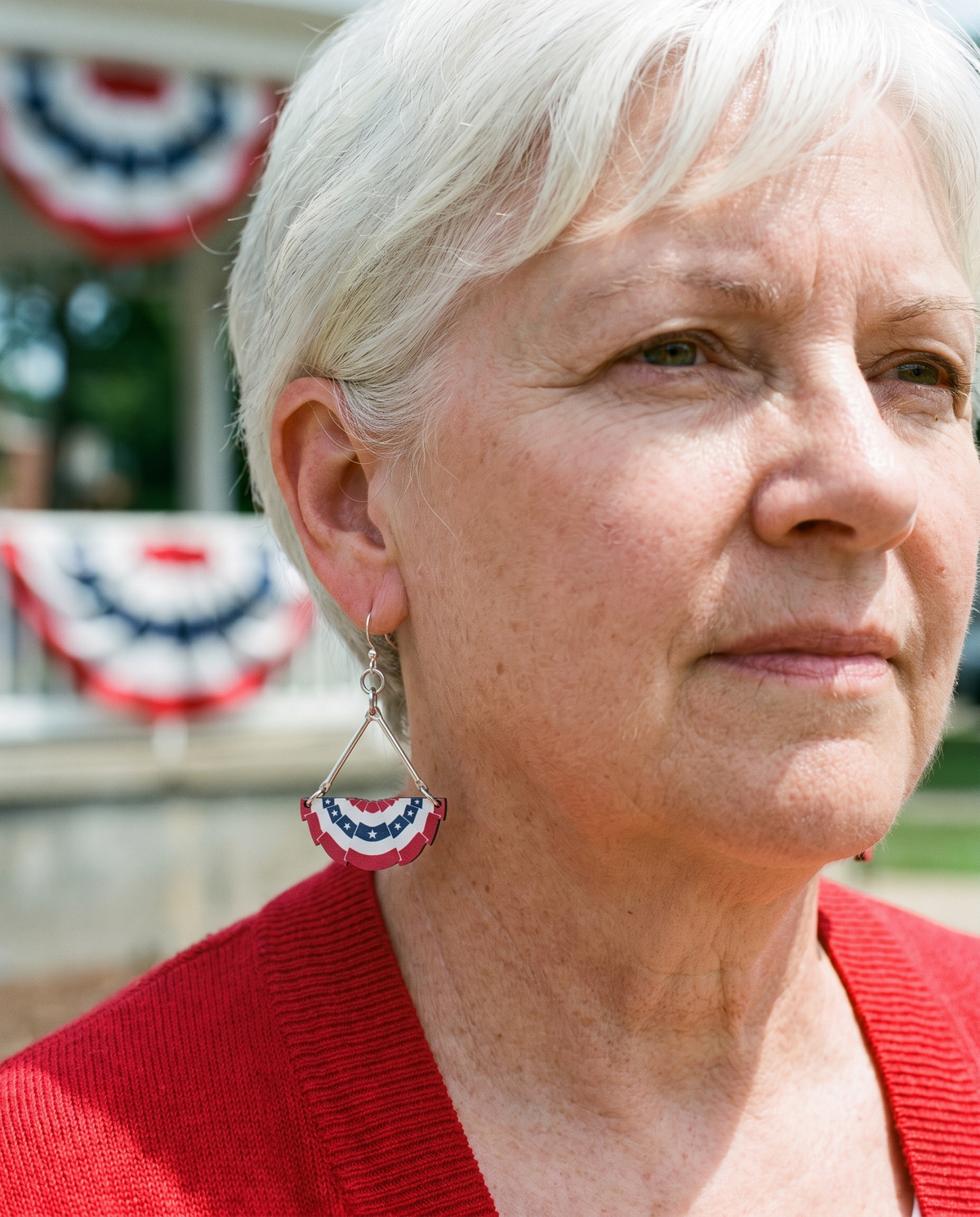 USA Pleated Fan Flag Earrings #1638 shown on model