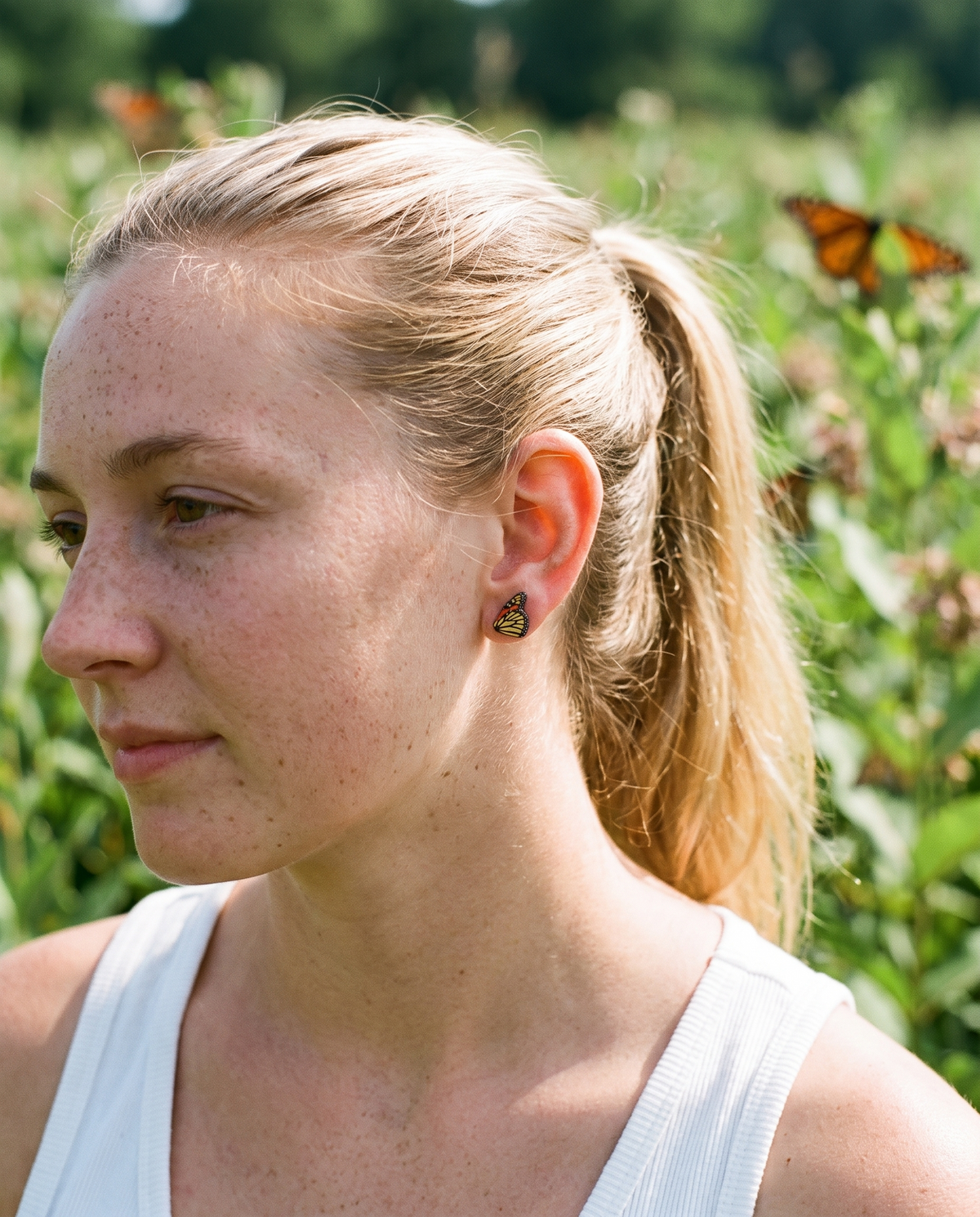 Monarch Butterfly Stud Earrings #3084 shown on model