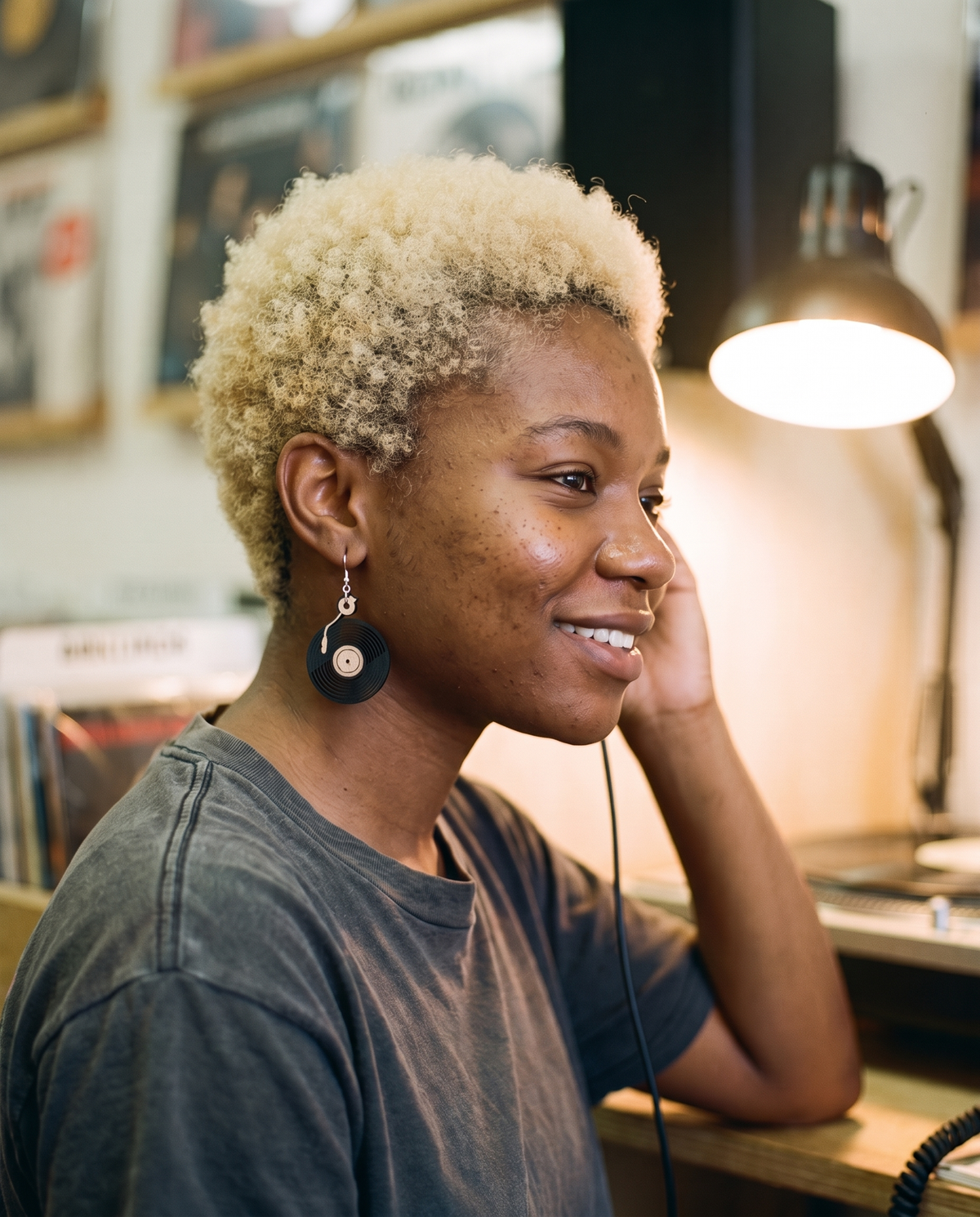 Vinyl Record Earrings #1818 shown on model