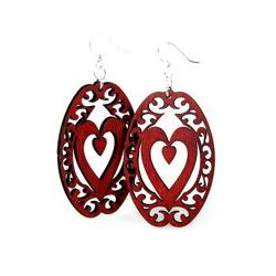 red decorative heart oval wood earrings