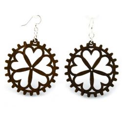 brown heart gear wood earrings