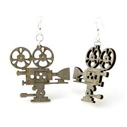 Gray movie camera wood earrings