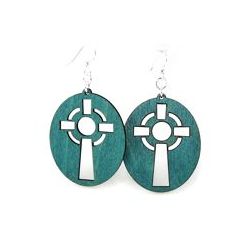 teal celtic cross wood earrings