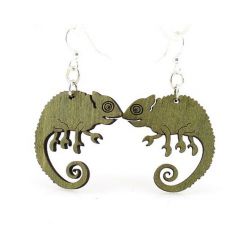 green chameleon wood earrings