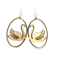 Natural wood swan in oval wood earrings
