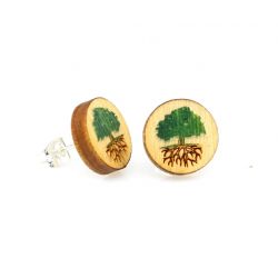 Green tree stud wood earrings
