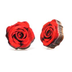 Deep red rose stud wood earrings
