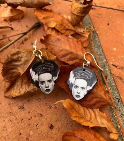 Lifestyle photo - Bride of Frankenstein wood earrings